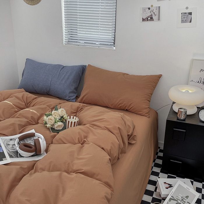 91家纺网 家纺一手货源 找家纺 2024新款A类全棉纯棉纯色双拼色织水洗棉四件套 南瓜色