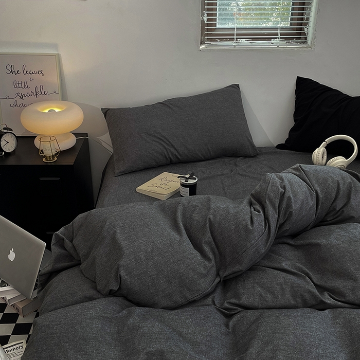 91家纺网 家纺一手货源 找家纺 2024新款A类全棉纯棉纯色双拼色织水洗棉四件套 深灰色