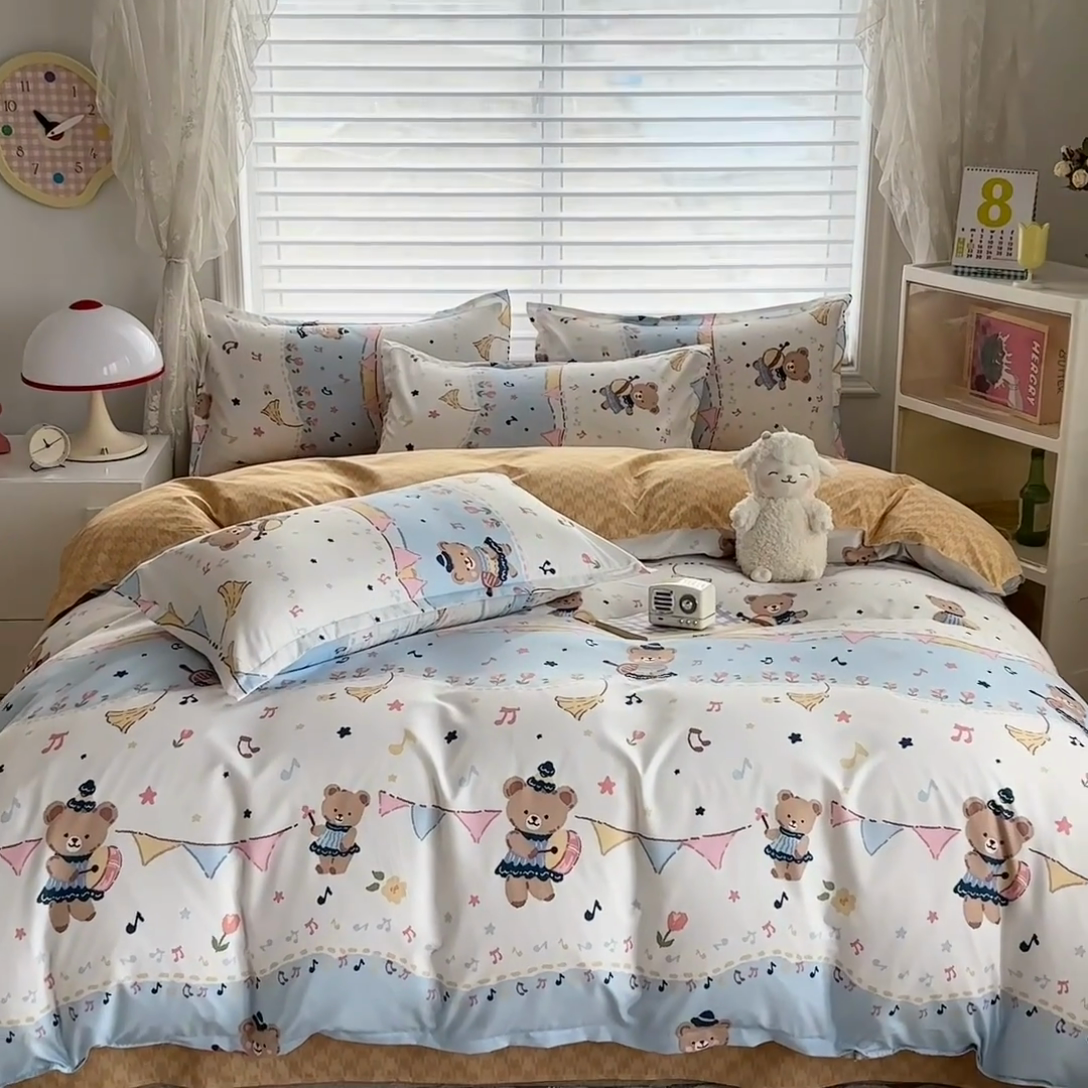 91家纺网 家纺一手货源 找家纺 楠沐家纺 （套件）2025新款亲肤芦荟棉美棉磨毛印花四件套(第二批) 派对熊