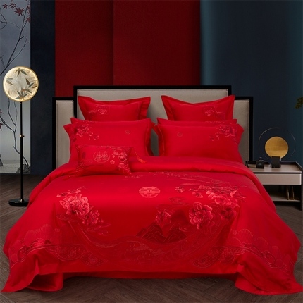 美娘阁 2025新款长绒棉贡缎提花款新中式古典韵味精美刺绣婚庆四件套多件套 花香四溢（红）