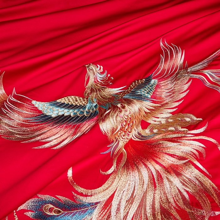 91家纺网 家纺一手货源 找家纺 美娘阁 2025新款长绒棉贡缎新中式古典韵味精美刺绣婚庆四件套多件套系列 龙章凤姿（荷包款）