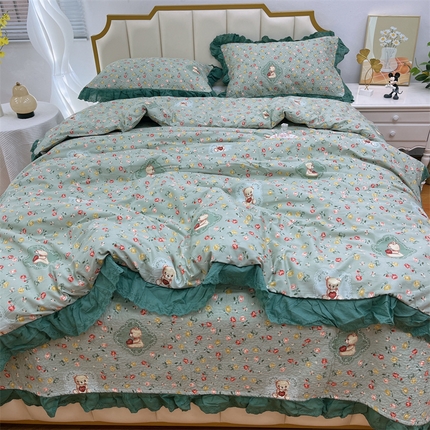 暖居 2024新款砂洗棉花被套全棉床盖四件套绗缝夹棉纯棉床盖三件套小熊宝绿