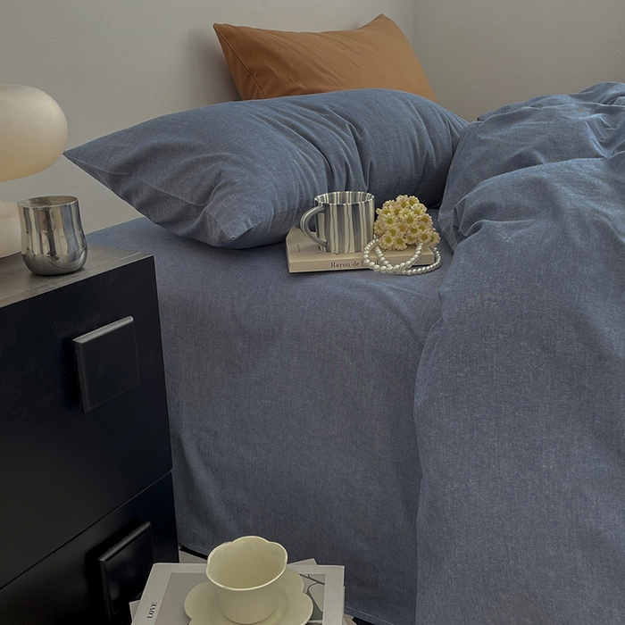 91家纺网 家纺一手货源 找家纺 2024新款A类全棉纯棉纯色双拼色织水洗棉四件套 牛仔蓝