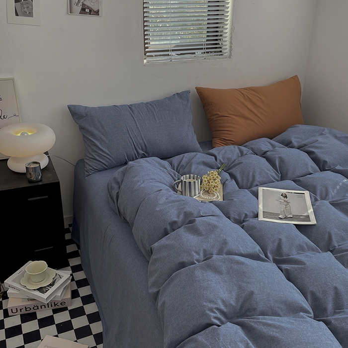 91家纺网 家纺一手货源 找家纺 2024新款A类全棉纯棉纯色双拼色织水洗棉四件套 牛仔蓝