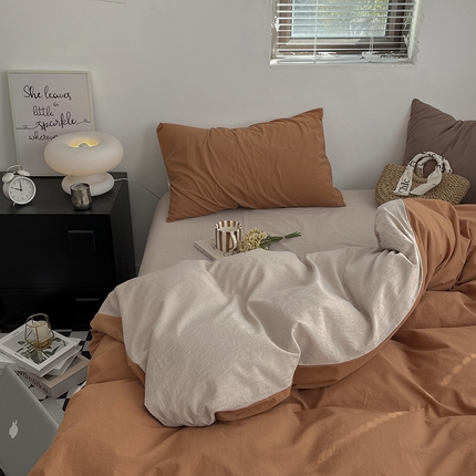 2024新款A类全棉纯棉纯色双拼色织水洗棉四件套 南瓜拼卡其