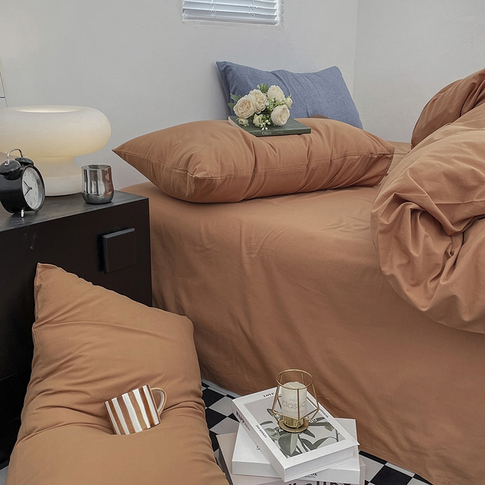 91家纺网 家纺一手货源 找家纺 2024新款A类全棉纯棉纯色双拼色织水洗棉四件套 南瓜色