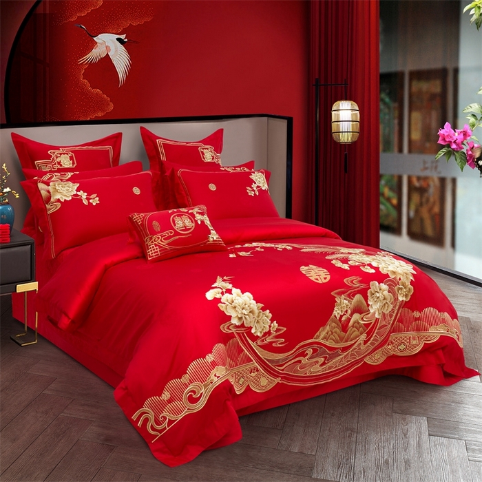 91家纺网 家纺一手货源 找家纺 美娘阁 2025新款长绒棉贡缎提花款新中式古典韵味精美刺绣婚庆四件套多件套 花香四溢（金）