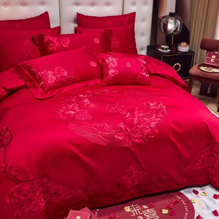 91家纺网 家纺一手货源 找家纺 美娘阁 2025新款长绒棉贡缎新中式古典韵味精美刺绣婚庆四件套多件套系列 全心全意