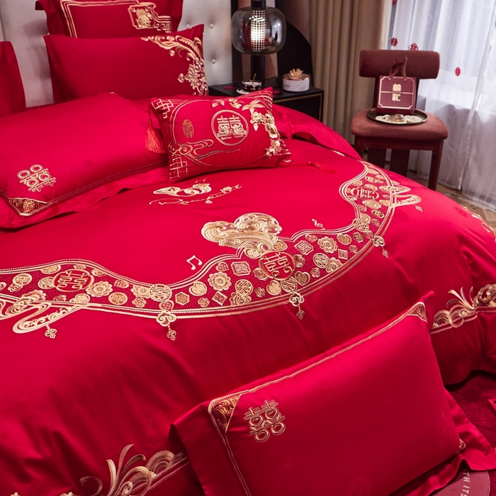 91家纺网 家纺一手货源 找家纺 美娘阁 2025新款长绒棉贡缎提花款新中式古典韵味精美刺绣婚庆四件套多件套 爱意浓浓（金）