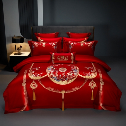 91家纺网 家纺一手货源 找家纺 美娘阁 2025新款长绒棉贡缎新中式古典韵味精美刺绣婚庆四件套多件套系列 花前月下,花前月下