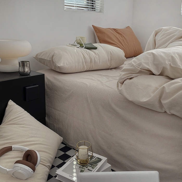 91家纺网 家纺一手货源 找家纺 2024新款A类全棉纯棉纯色双拼色织水洗棉四件套 米密条