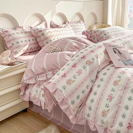 91家纺网 家纺一手货源 找家纺 宇彬家纺 2024直播新款13372全棉纯棉韩版刺绣花边和印花花边床单床笠款四件套和单被套喷气清新 印花花边-仙仙草