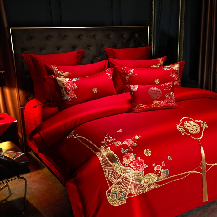 91家纺网 家纺一手货源 找家纺 美娘阁 2025新款长绒棉贡缎新中式古典韵味精美刺绣婚庆四件套多件套系列 相伴一生