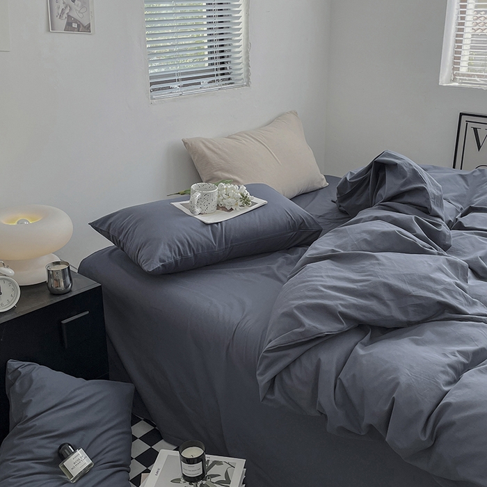 91家纺网 家纺一手货源 找家纺 2024新款A类全棉纯棉纯色双拼色织水洗棉四件套 静蓝