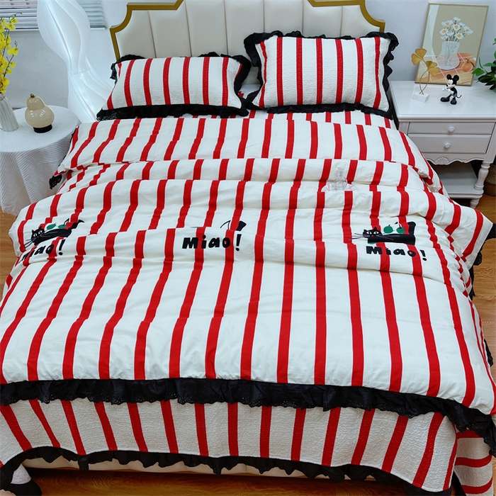 91家纺网 家纺一手货源 找家纺 暖居 2024新款砂洗棉花被套全棉床盖四件套绗缝夹棉纯棉床盖三件套条纹猫