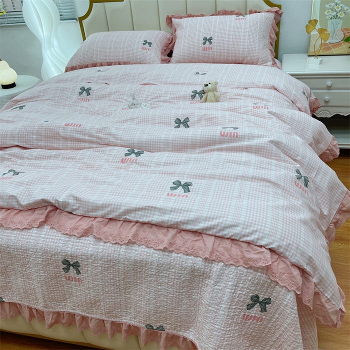 91家纺网 家纺一手货源 找家纺 暖居 2024新款砂洗棉花被套全棉床盖四件套绗缝夹棉纯棉床盖三件套蝴蝶结