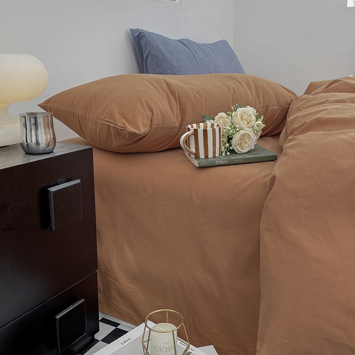 91家纺网 家纺一手货源 找家纺 2024新款A类全棉纯棉纯色双拼色织水洗棉四件套 南瓜色