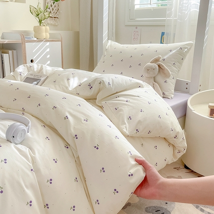 Mr.pig猪先生水洗棉 2024新款A类小清新全棉四件套纯棉床单被套床笠学生宿舍三件套床床上用品 淡紫小樱桃