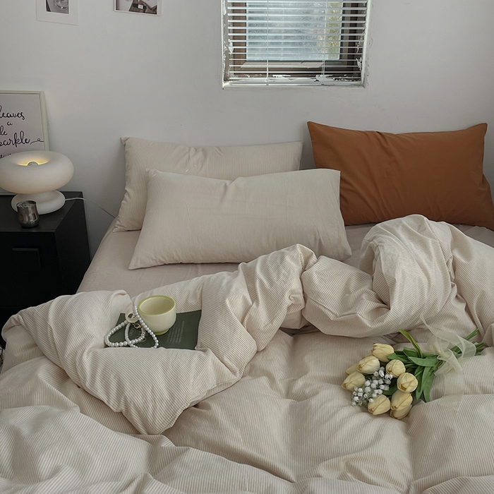 91家纺网 家纺一手货源 找家纺 2024新款A类全棉纯棉纯色双拼色织水洗棉四件套 米密条