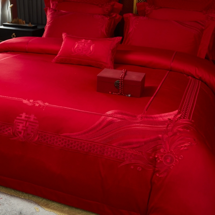91家纺网 家纺一手货源 找家纺 美娘阁 2025新款长绒棉贡缎新中式古典韵味精美刺绣婚庆四件套多件套系列 缘定三生（红）