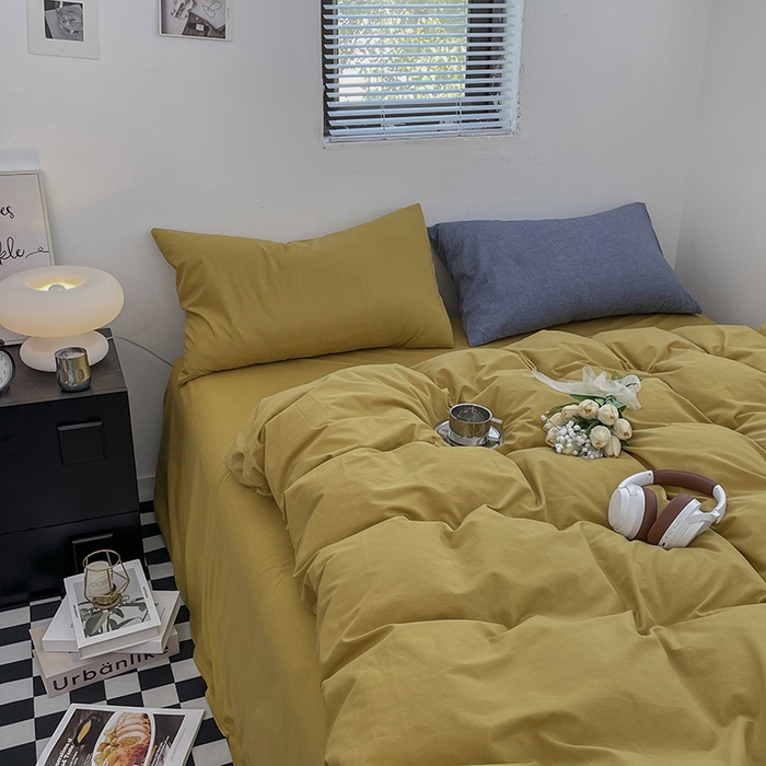 91家纺网 家纺一手货源 找家纺 2024新款A类全棉纯棉纯色双拼色织水洗棉四件套 姜黄色