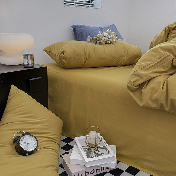 91家纺网 家纺一手货源 找家纺 2024新款A类全棉纯棉纯色双拼色织水洗棉四件套 姜黄色