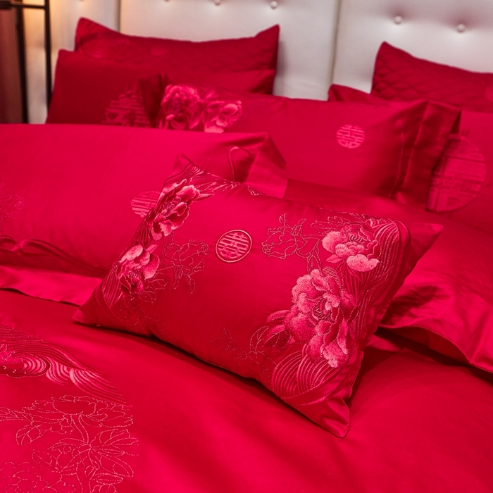 91家纺网 家纺一手货源 找家纺 美娘阁 2025新款长绒棉贡缎新中式古典韵味精美刺绣婚庆四件套多件套系列 全心全意