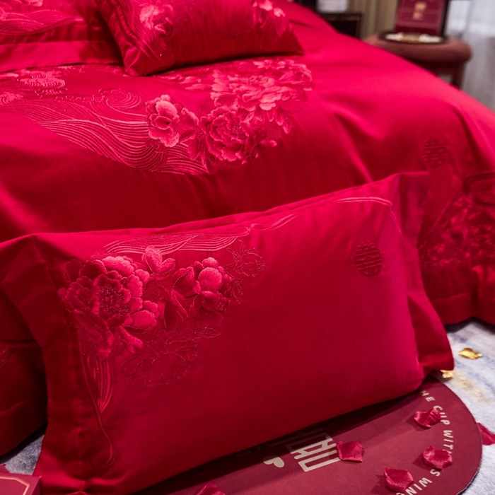 91家纺网 家纺一手货源 找家纺 美娘阁 2025新款长绒棉贡缎新中式古典韵味精美刺绣婚庆四件套多件套系列 全心全意