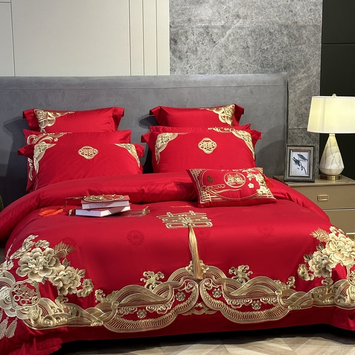 91家纺网 家纺一手货源 找家纺 美娘阁 2025新款长绒棉贡缎提花款新中式古典韵味精美刺绣婚庆四件套多件套 花开并蒂(金）