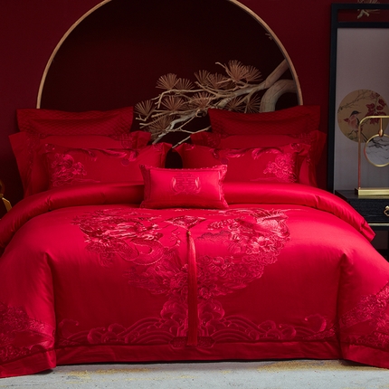 91家纺网 家纺一手货源 找家纺 （总）美娘阁 2025新款长绒棉贡缎新中式古典韵味精美刺绣婚庆四件套多件套系列