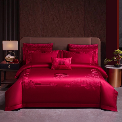 美娘阁 2025新款长绒棉贡缎新中式古典韵味精美刺绣婚庆四件套多件套系列 家大业大（酒红色）