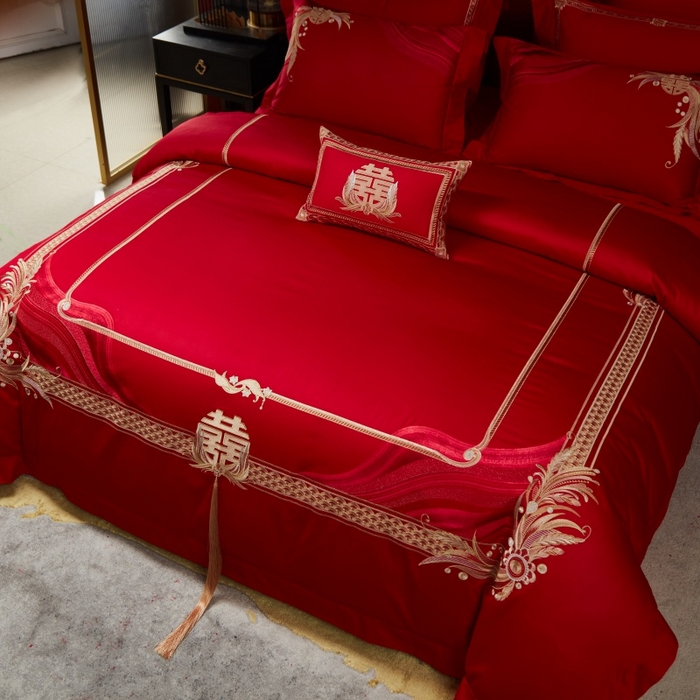 91家纺网 家纺一手货源 找家纺 美娘阁 2025新款长绒棉贡缎新中式古典韵味精美刺绣婚庆四件套多件套系列 缘定三生（金）