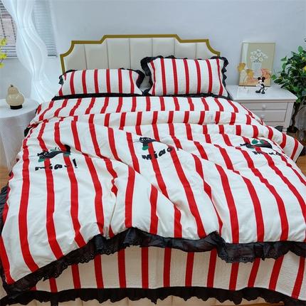 暖居 2024新款砂洗棉花被套全棉床盖四件套绗缝夹棉纯棉床盖三件套条纹猫