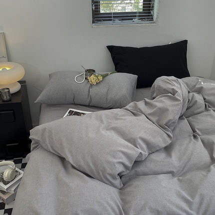 91家纺网 家纺一手货源 找家纺 2024新款A类全棉纯棉纯色双拼色织水洗棉四件套 浅灰色