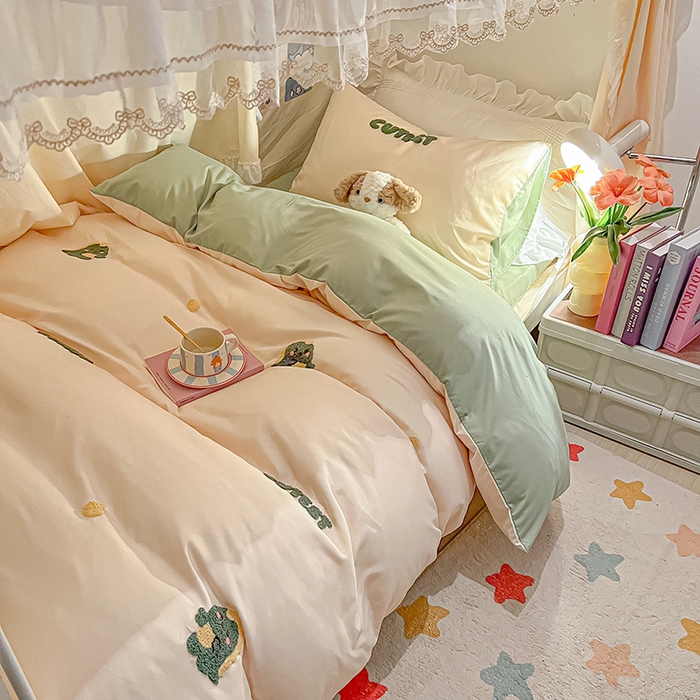 91家纺网 家纺一手货源 找家纺 （总）2024新款水洗棉卡通小清新毛巾绣四件套宿舍三件套学生款