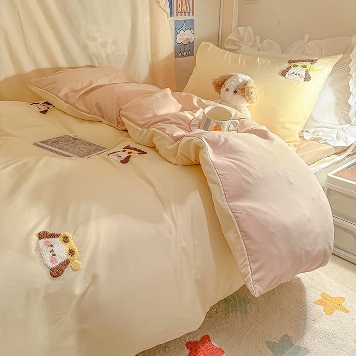 91家纺网 家纺一手货源 找家纺 2024新款水洗棉卡通小清新毛巾绣四件套宿舍三件套学生款 帕恰-奶黄奶茶