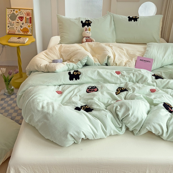 91家纺网 家纺一手货源 找家纺 韩巢家纺 2024新款四季通用超柔水洗棉毛巾绣单件被套-幸运猫系列（提供卖家秀 ） 幸运猫浅绿黄