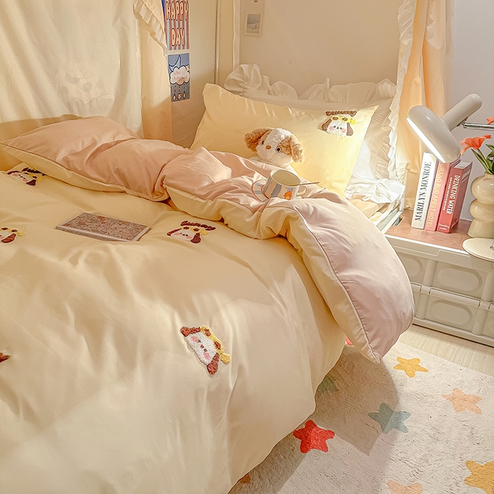 91家纺网 家纺一手货源 找家纺 2024新款水洗棉卡通小清新毛巾绣四件套宿舍三件套学生款 帕恰-奶黄奶茶