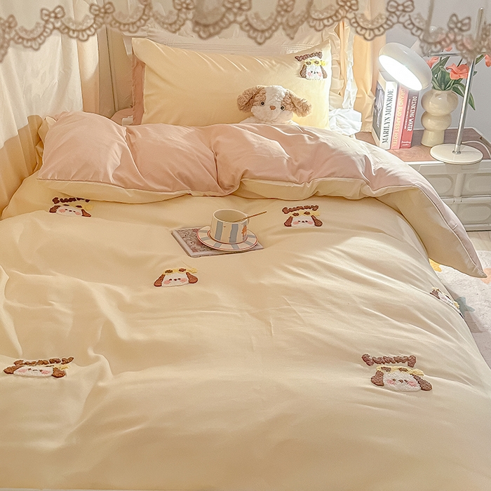 91家纺网 家纺一手货源 找家纺 2024新款水洗棉卡通小清新毛巾绣四件套宿舍三件套学生款 帕恰-奶黄奶茶