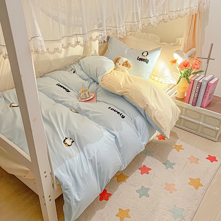 2024新款水洗棉卡通小清新毛巾绣四件套宿舍三件套学生款 企鹅蛋-天空蓝奶黄