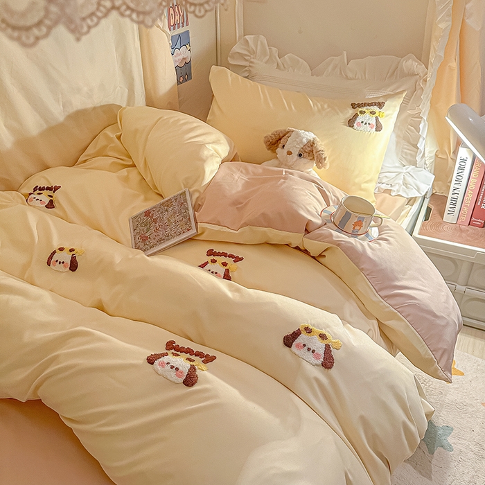 91家纺网 家纺一手货源 找家纺 2024新款水洗棉卡通小清新毛巾绣四件套宿舍三件套学生款 帕恰-奶黄奶茶