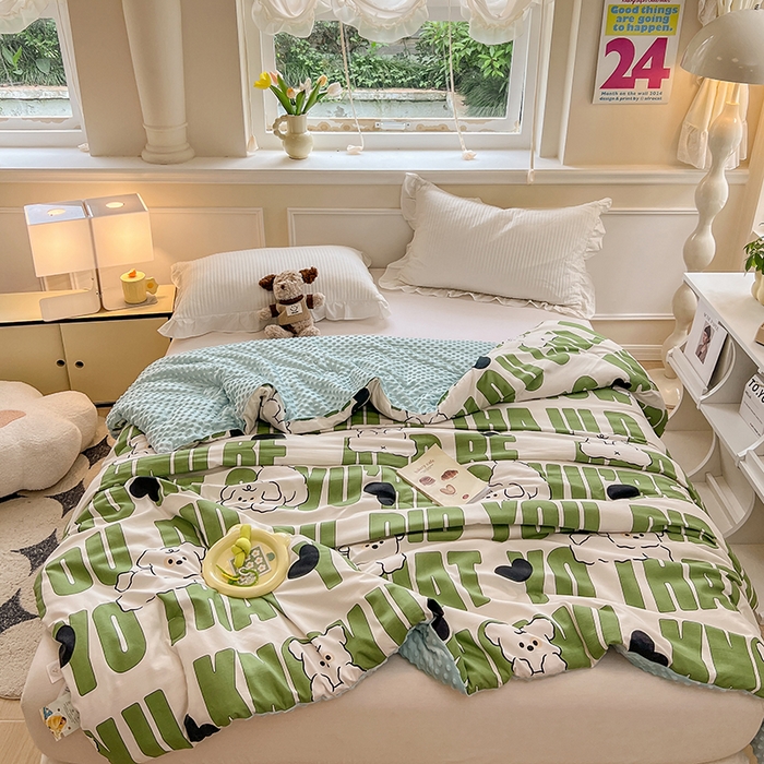 91家纺网 家纺一手货源 找家纺 居易简 2025新款水洗棉双层纱豆豆被加绒被子被芯直播豆豆绒被被子被芯冬被春秋被 皮皮狗