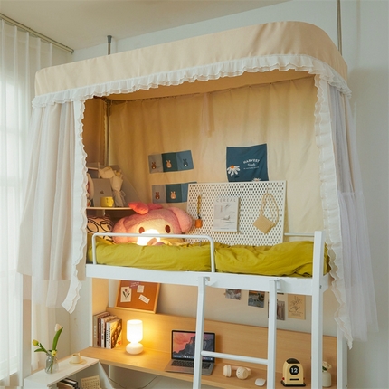 91家纺网 家纺一手货源 找家纺 卓尔居 2025新款浪漫学生宿舍雪尼尔交织工艺蕾丝幔纱U型导轨蚊帐-莱茵湖 莱茵湖-奶黄