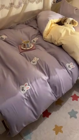 91家纺网 家纺一手货源 找家纺 2024新款水洗棉卡通小清新毛巾绣四件套宿舍三件套学生款 兔兔-奶油紫奶黄