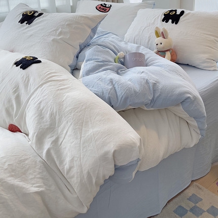 韩巢家纺 2024新款四季通用超柔水洗棉毛巾绣单件被套-幸运猫系列（提供卖家秀 ） 幸运猫白蓝