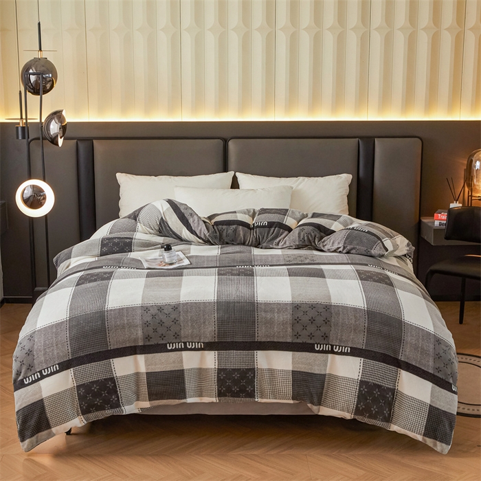 91家纺网 家纺一手货源 找家纺 董韵家纺 2025新款高克重全消光牛奶绒法莱绒金貂绒印花单品被套床裙四件套（提供买家秀） 方格灰