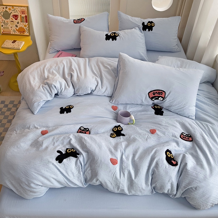 91家纺网 家纺一手货源 找家纺 韩巢家纺 2024新款四季通用超柔水洗棉毛巾绣单件被套-幸运猫系列（提供卖家秀 ） 幸运猫浅蓝