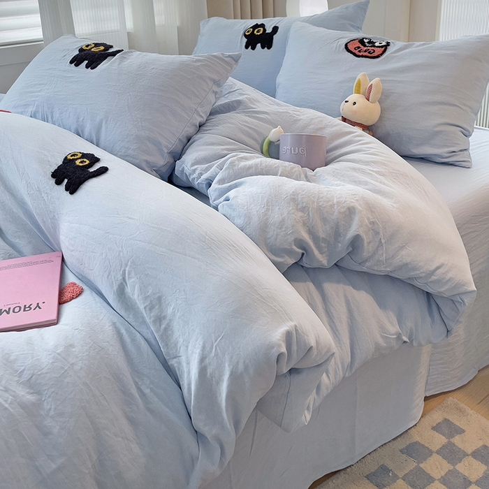 91家纺网 家纺一手货源 找家纺 韩巢家纺 2024新款四季通用超柔水洗棉毛巾绣单件被套-幸运猫系列（提供卖家秀 ） 幸运猫浅蓝