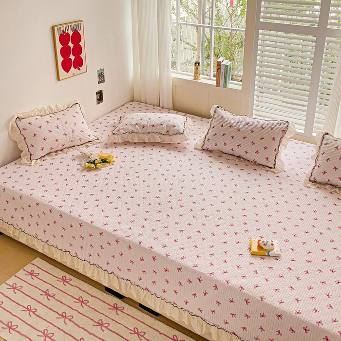 91家纺网 家纺一手货源 找家纺 暖居 2024纯棉榻榻米四件套单件农村大炕盖支持定制绗缝防滑单件纯棉床单四季通用 粉蝴蝶结