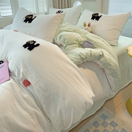韩巢家纺 2024新款四季通用超柔水洗棉毛巾绣单件被套-幸运猫系列（提供卖家秀 ） 幸运猫白绿